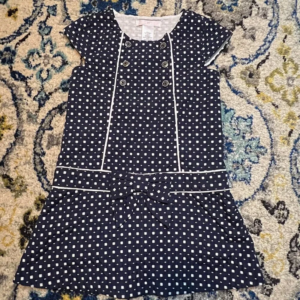 Janie and Jack Navy Dot Check Drop Waist Bow English Dress Size 2T